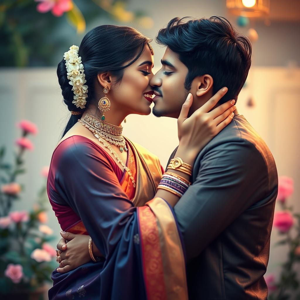 A romantic and intimate scene featuring an Indian woman sharing an affectionate kiss with a young man, capturing the tenderness and passion between the two