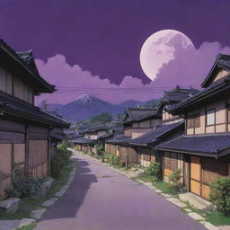 A 90's shonen anime style art of a rustic Japanese town with futuristic touches. The scenery is dominated by a imaginative purple sky and each element is outlined in black, akin to Dragon Ball aesthetics.