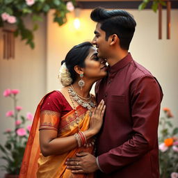 A romantic and intimate scene featuring an Indian woman sharing an affectionate kiss with a young man, capturing the tenderness and passion between the two