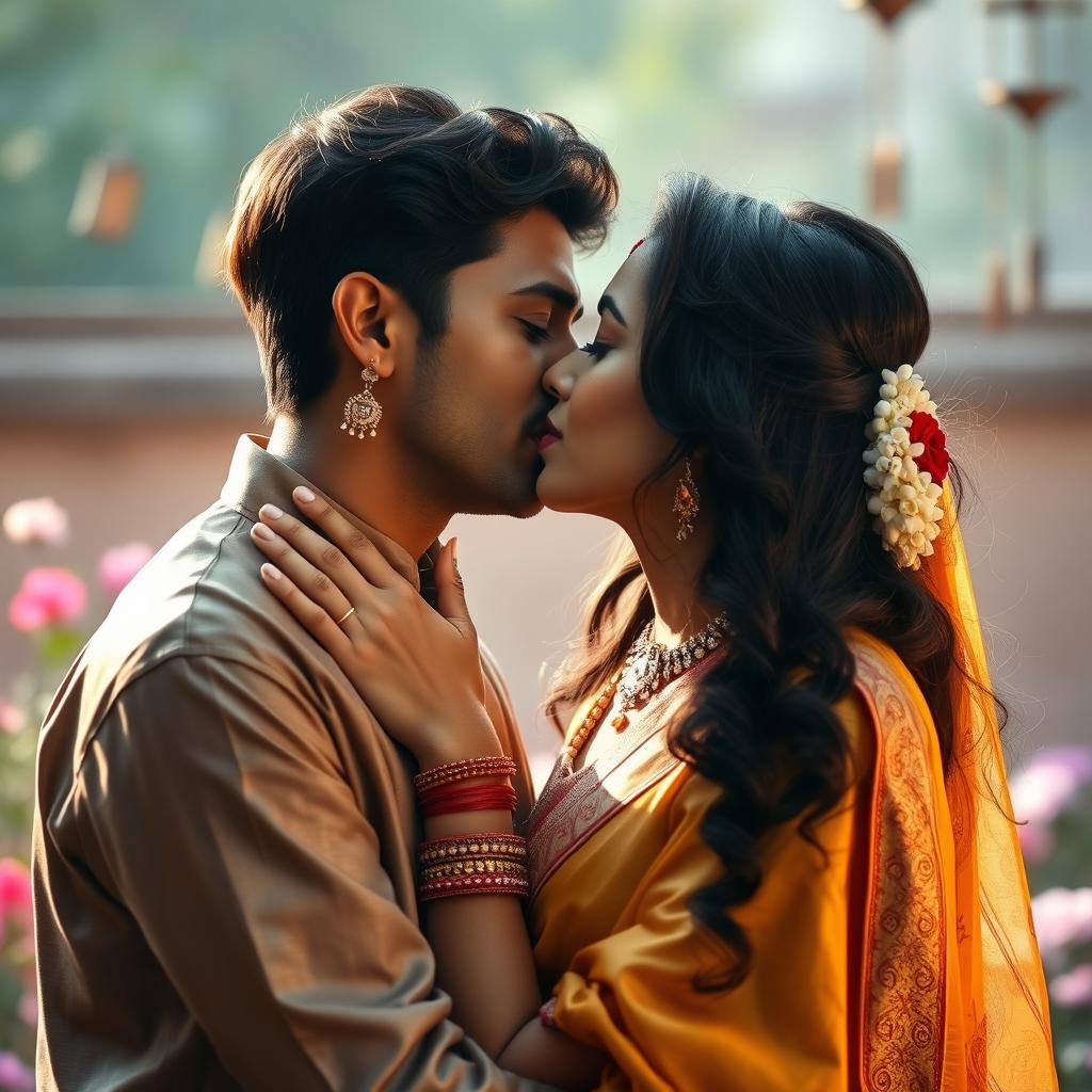 A romantic and intimate scene featuring an Indian woman sharing an affectionate kiss with a young man, capturing the tenderness and passion between the two