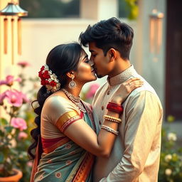 A romantic and intimate scene featuring an Indian woman sharing an affectionate kiss with a young man, capturing the tenderness and passion between the two