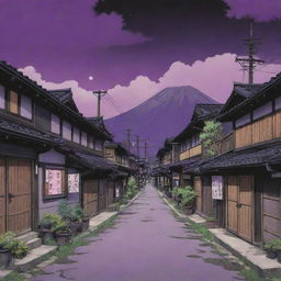 A 90's shonen anime style art of a rustic Japanese town with futuristic touches. The scenery is dominated by a imaginative purple sky and each element is outlined in black, akin to Dragon Ball aesthetics.