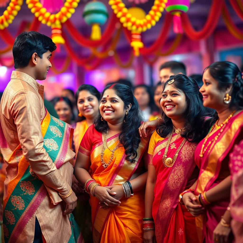 A scene depicting a group of chubby Indian women in a vibrant and joyful celebration, wearing beautifully adorned traditional sarees that highlight their cultural elegance