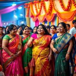 A scene depicting a group of chubby Indian women in a vibrant and joyful celebration, wearing beautifully adorned traditional sarees that highlight their cultural elegance