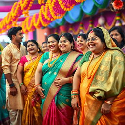 A scene depicting a group of chubby Indian women in a vibrant and joyful celebration, wearing beautifully adorned traditional sarees that highlight their cultural elegance