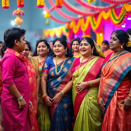 A scene depicting a group of chubby Indian women in a vibrant and joyful celebration, wearing beautifully adorned traditional sarees that highlight their cultural elegance