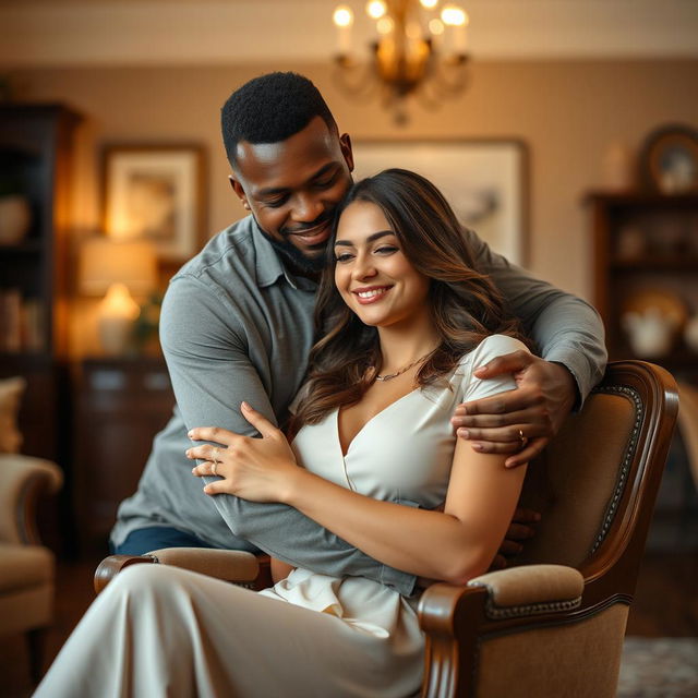 A brown-skinned man with a firm and confident facial expression lovingly embraces a beautiful woman who is seated on a classic vintage chair