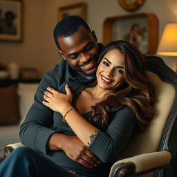 A brown-skinned man with a firm and confident facial expression lovingly embraces a beautiful woman who is seated on a classic vintage chair