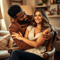 A brown-skinned man with a firm and confident facial expression lovingly embraces a beautiful woman who is seated on a classic vintage chair