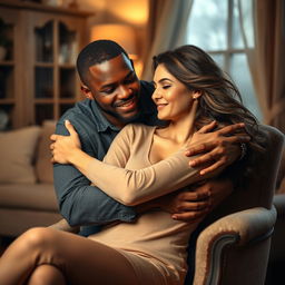 A brown-skinned man with a firm and confident facial expression lovingly embraces a beautiful woman who is seated on a classic vintage chair