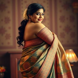 An artistic portrayal of a chubby Indian woman wearing an intricately designed traditional saree that emphasizes her curves