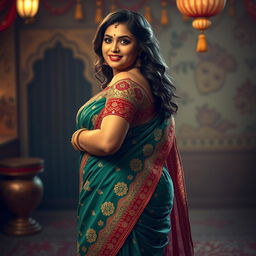 An artistic portrayal of a chubby Indian woman wearing an intricately designed traditional saree that emphasizes her curves