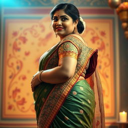 An artistic portrayal of a chubby Indian woman wearing an intricately designed traditional saree that emphasizes her curves