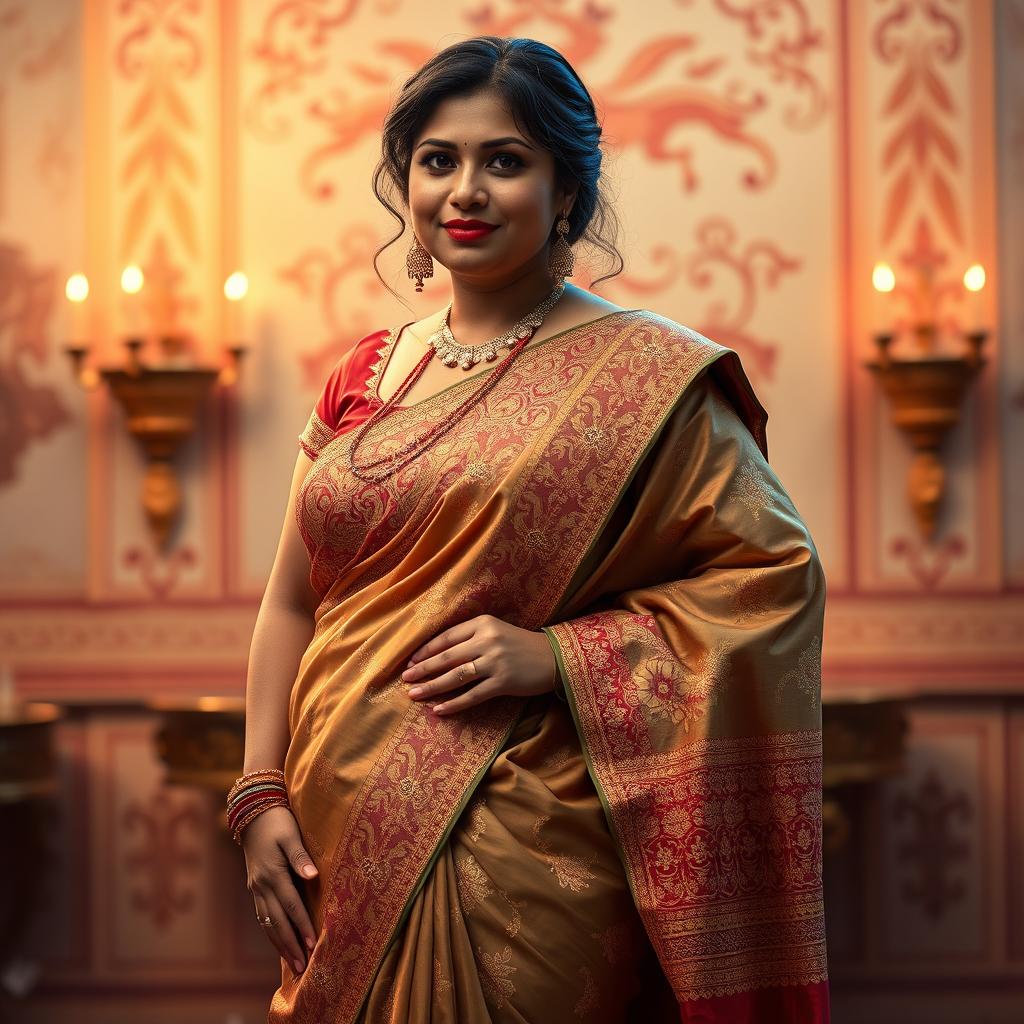 An artistic portrayal of a chubby Indian woman wearing an intricately designed traditional saree that emphasizes her curves