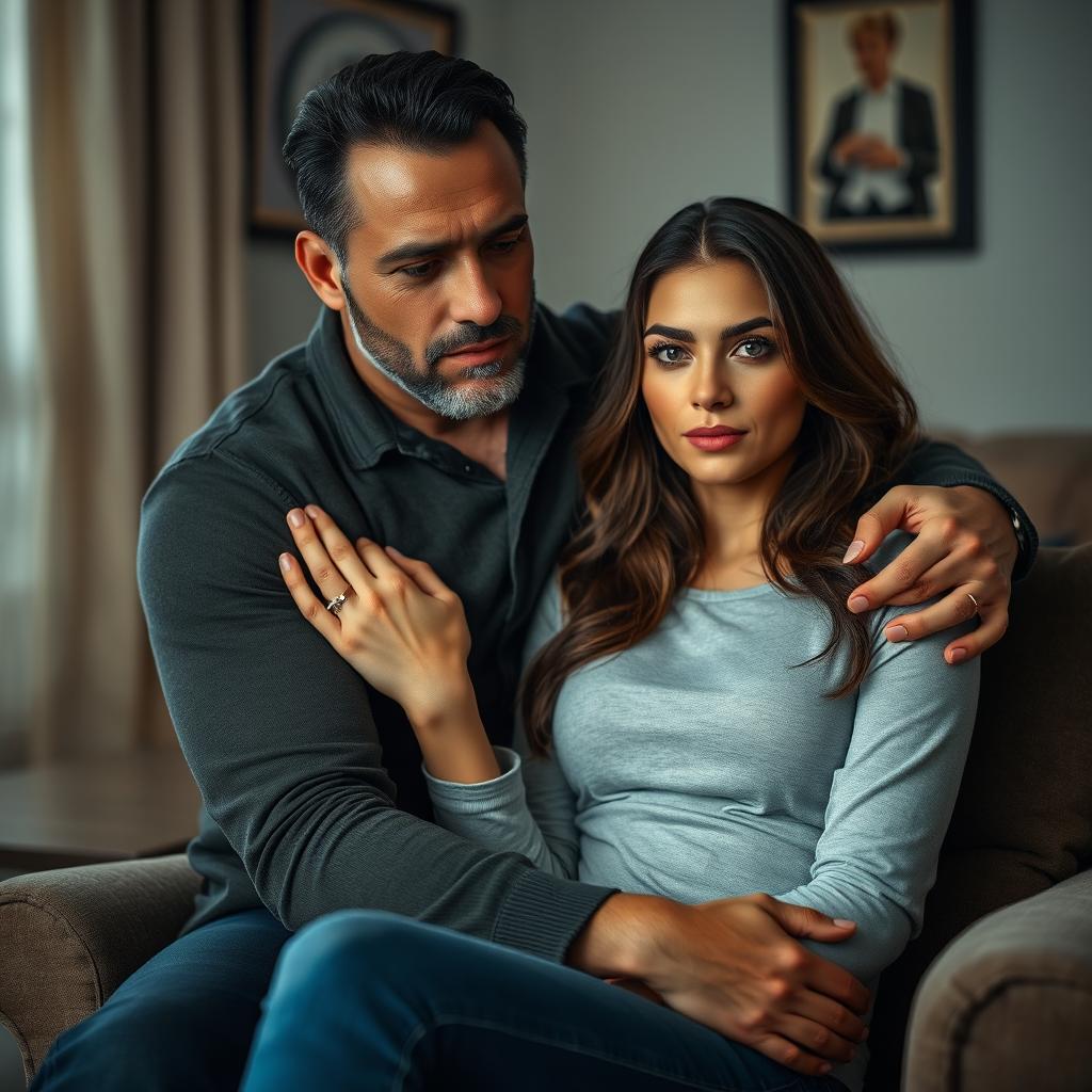 An olive-skinned man with a firm face gently hugging a beautiful woman sitting on a chair