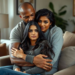 An olive-skinned man with a firm face gently hugging a beautiful woman sitting on a chair