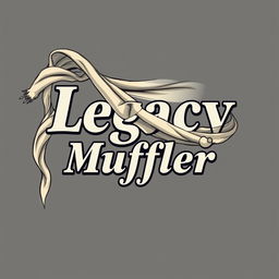 An artistic vector illustration featuring the name "Legacy Muffler" with a long muffler cloth skillfully wrapped around the text