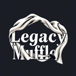 An artistic vector illustration featuring the name "Legacy Muffler" with a long muffler cloth skillfully wrapped around the text