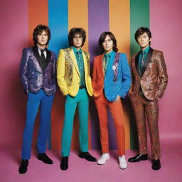 Create a vibrant and eye-catching K3 poster, featuring the members of the band in their distinct, colorful outfits, set against a dazzling background