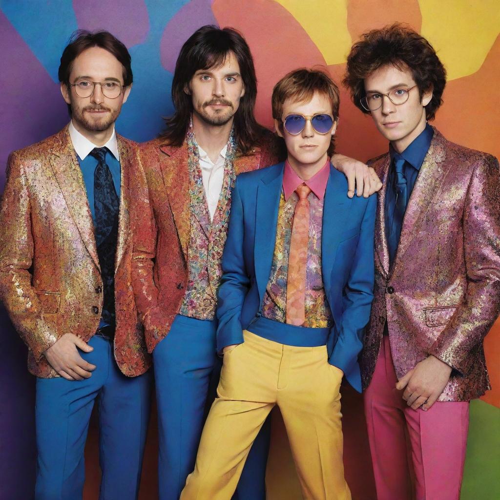 Create a vibrant and eye-catching K3 poster, featuring the members of the band in their distinct, colorful outfits, set against a dazzling background