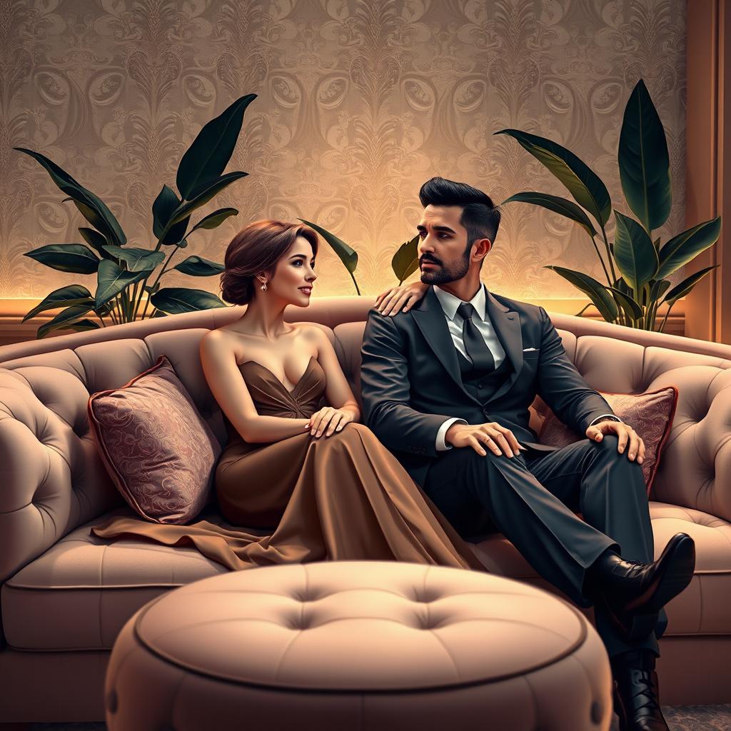 A digital art portrait of a man and a woman sitting comfortably on a plush, luxurious sofa