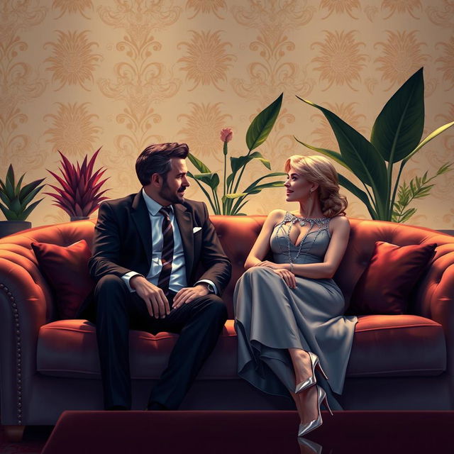 A digital art portrait of a man and a woman sitting comfortably on a plush, luxurious sofa