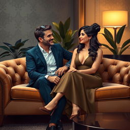 A digital art portrait of a man and a woman sitting comfortably on a plush, luxurious sofa