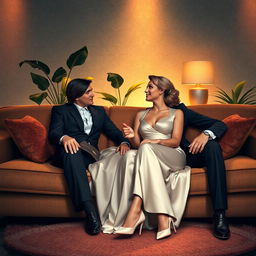 A digital art portrait of a man and a woman sitting comfortably on a plush, luxurious sofa