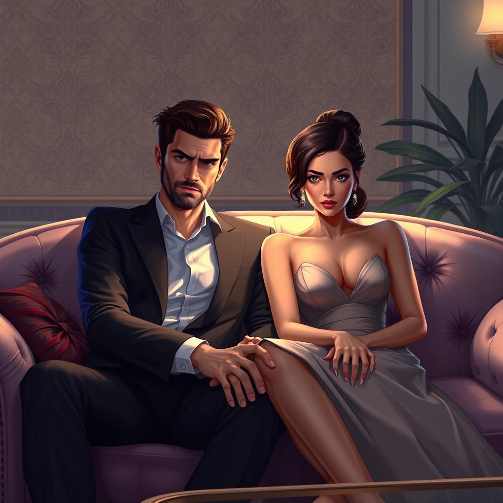 A digital art portrait of a man and a woman sitting intently on a plush, luxurious sofa