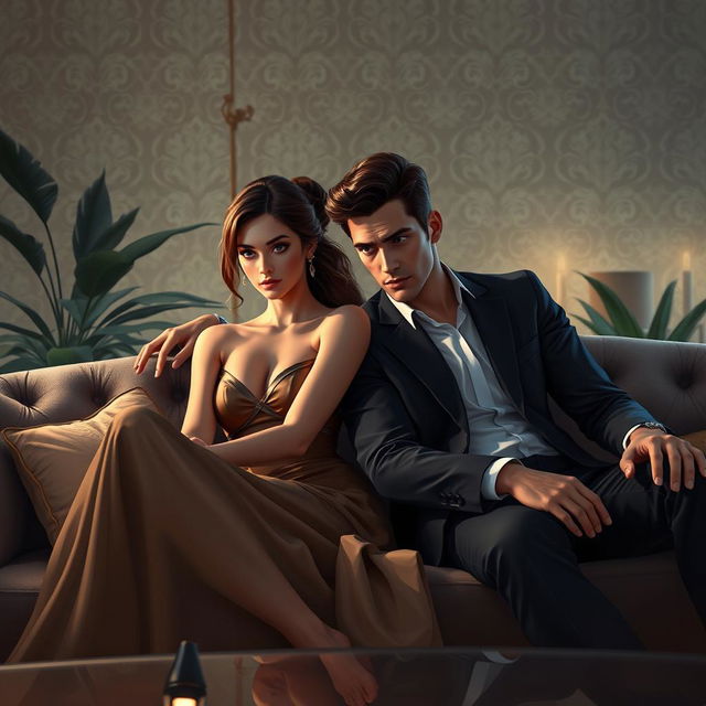 A digital art portrait of a man and a woman sitting intently on a plush, luxurious sofa