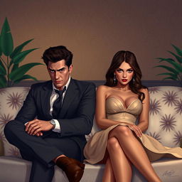 A digital art portrait of a man and a woman sitting intently on a plush, luxurious sofa