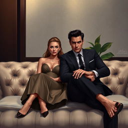 A digital art portrait of a man and a woman sitting intently on a plush, luxurious sofa