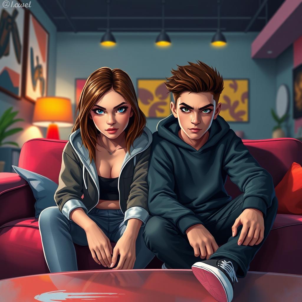 A digital art portrait of a teenage boy and a teenage girl sitting on a stylish, contemporary sofa, both with sharp, intense gazes