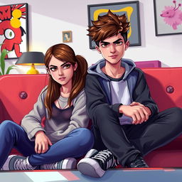 A digital art portrait of a teenage boy and a teenage girl sitting on a stylish, contemporary sofa, both with sharp, intense gazes