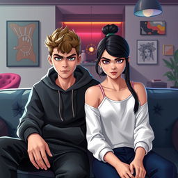 A digital art portrait of a teenage boy and a teenage girl sitting on a stylish, contemporary sofa, both with sharp, intense gazes