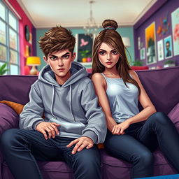 A digital art portrait of a teenage boy and a teenage girl sitting on a stylish, contemporary sofa, both with sharp, intense gazes