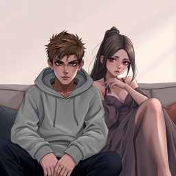 A digital art portrait of a teenage boy with sharp, piercing eyes sitting beside a graceful teenage girl who has a sad, contemplative gaze