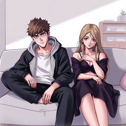 A digital art portrait of a teenage boy with sharp, piercing eyes sitting beside a graceful teenage girl who has a sad, contemplative gaze