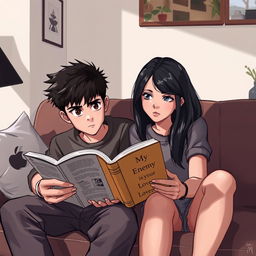 A digital art portrait featuring a teenage boy with sharp, observant eyes, sitting beside a beautiful tomboyish teenage girl with a sad, reflective gaze