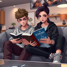 A digital art portrait featuring a teenage boy with sharp, observant eyes, sitting beside a beautiful tomboyish teenage girl with a sad, reflective gaze