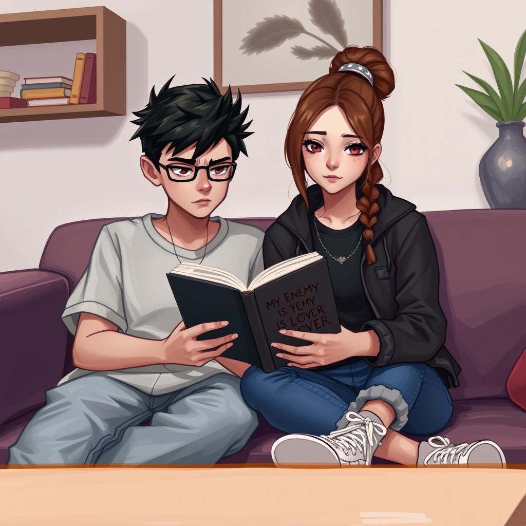 A digital art portrait featuring a teenage boy with sharp, observant eyes, sitting beside a beautiful tomboyish teenage girl with a sad, reflective gaze