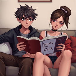 A digital art portrait featuring a teenage boy with sharp, observant eyes, sitting beside a beautiful tomboyish teenage girl with a sad, reflective gaze