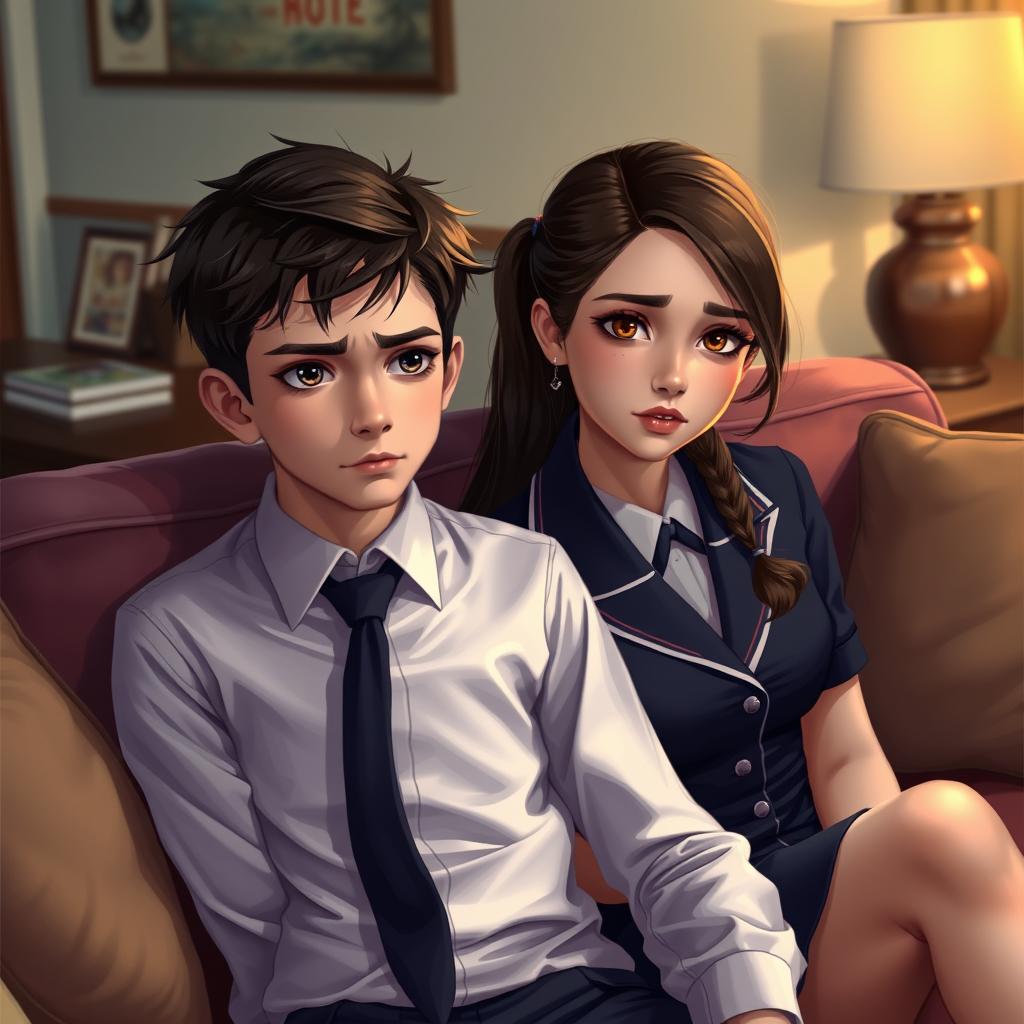 A digital art portrait of a teenage boy with sharp, discerning eyes sitting beside a beautiful, elegant, intelligent teenage girl who has a sad yet thoughtful expression