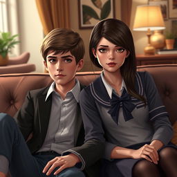 A digital art portrait of a teenage boy with sharp, discerning eyes sitting beside a beautiful, elegant, intelligent teenage girl who has a sad yet thoughtful expression