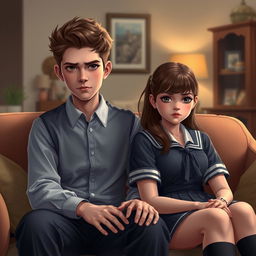 A digital art portrait of a teenage boy with sharp, discerning eyes sitting beside a beautiful, elegant, intelligent teenage girl who has a sad yet thoughtful expression