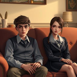 A digital art portrait of a teenage boy with sharp, discerning eyes sitting beside a beautiful, elegant, intelligent teenage girl who has a sad yet thoughtful expression