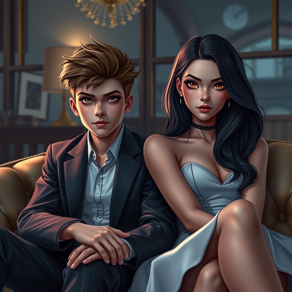 A digital art portrait of a teenage boy with sharp, intelligent eyes sitting beside a beautiful, elegant, and intelligent teenage girl with a mysterious, enigmatic gaze