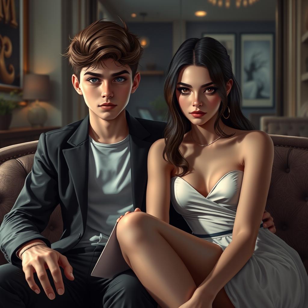 A digital art portrait of a teenage boy with sharp, intelligent eyes sitting beside a beautiful, elegant, and intelligent teenage girl with a mysterious, enigmatic gaze