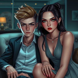 A digital art portrait of a teenage boy with sharp, intelligent eyes sitting beside a beautiful, elegant, and intelligent teenage girl with a mysterious, enigmatic gaze