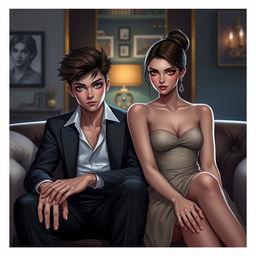 A digital art portrait of a teenage boy with sharp, intelligent eyes sitting beside a beautiful, elegant, and intelligent teenage girl with a mysterious, enigmatic gaze